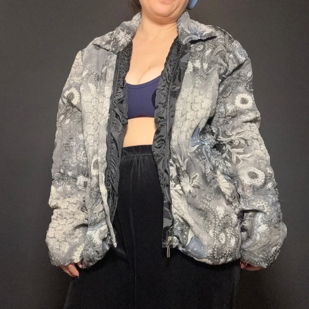 Vtg Y2K UbU Reversible Paisley Zip Jacket Metallic Floral Abstract Retro Silvr L